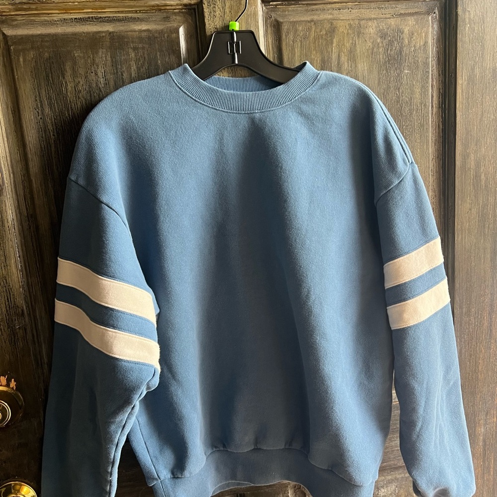 Clare V Blue and White Crewneck Sweater with Varsity Stripes
